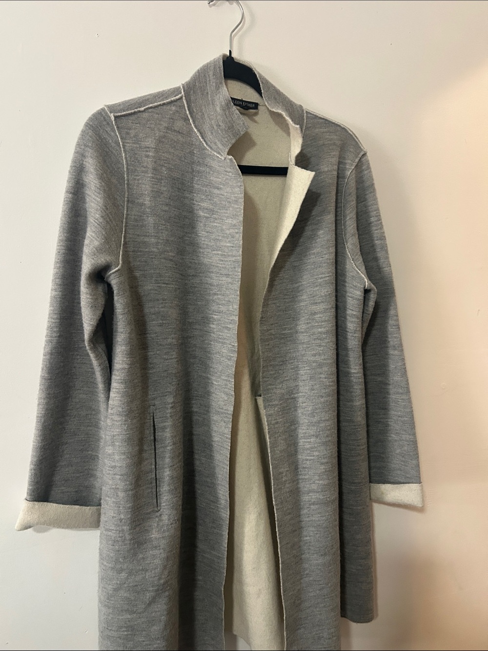 Eileen Fisher Gray Open-Front Trench Coatigan with Cream Lining